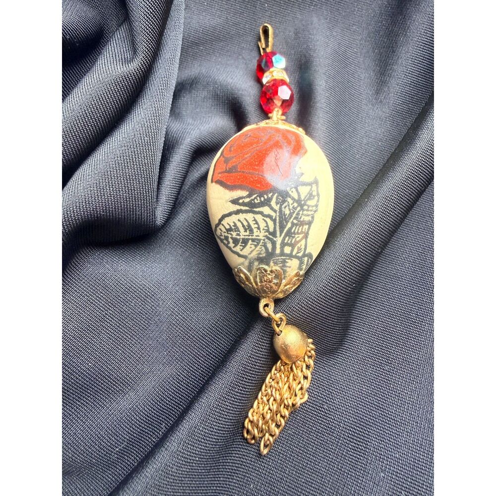 Vintage Painted Quail Egg Pendant Charm with Gold Tassel and Red Beads